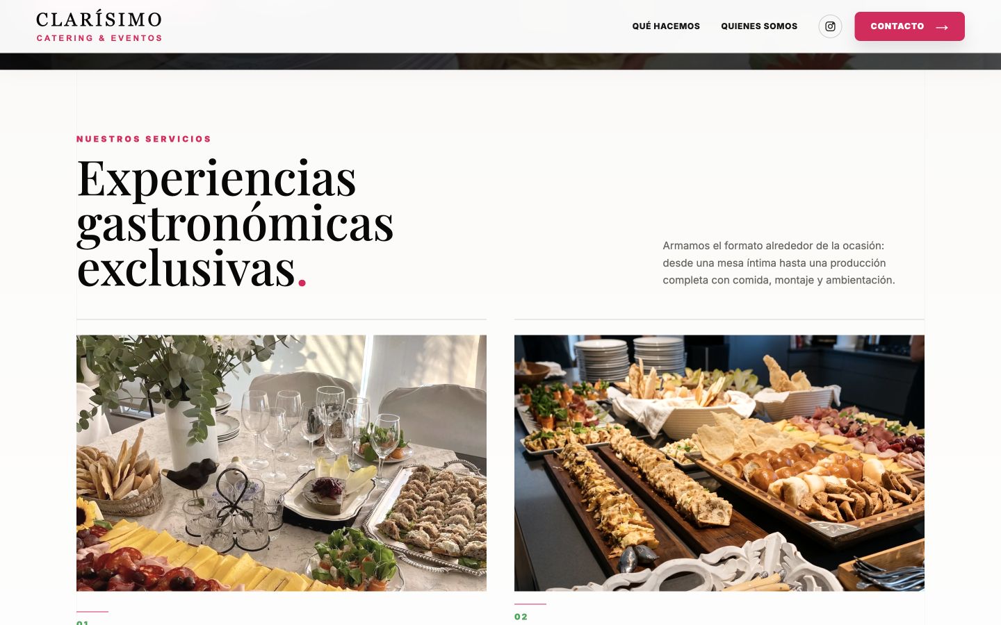 The home page introduces the Experiences section and the first two services through full-bleed event photography