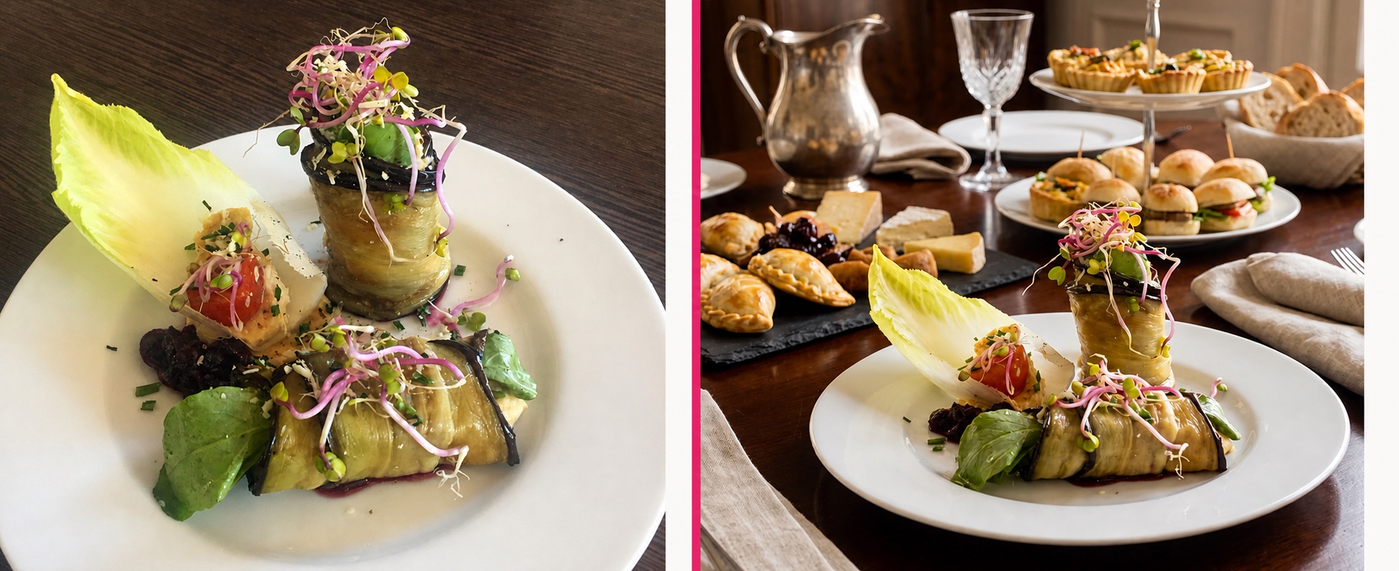 Before and after: the original eggplant rolls and a finished setting with supporting dishes and table details