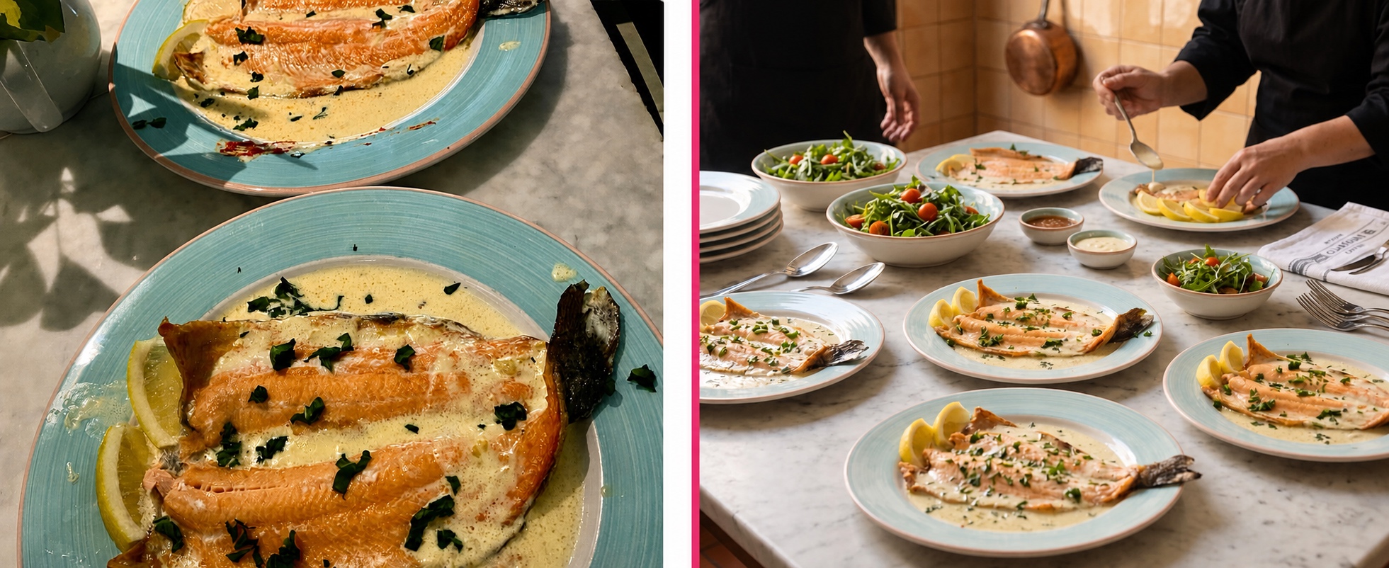 Before and after: the original fish dish and a fuller catered table built around it