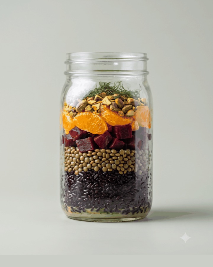 Beet, black rice, and citrus dinner layered in a glass jar