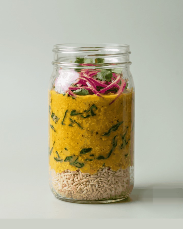 Golden coconut dal layered in a Frasco glass jar