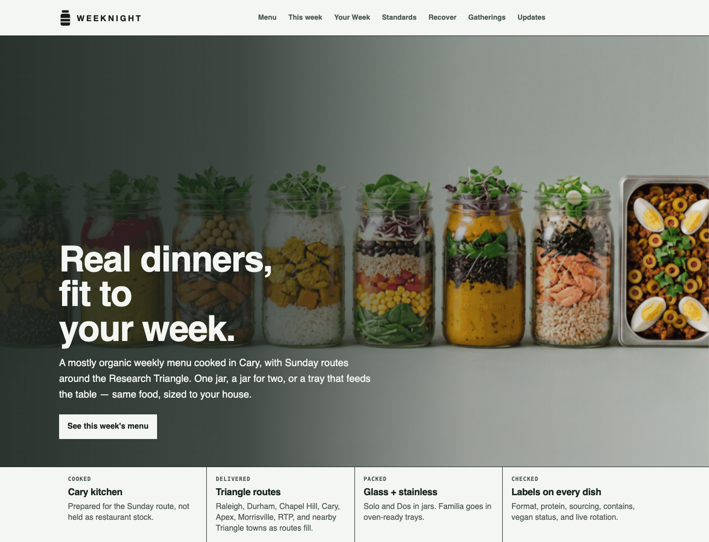Early Frasco homepage build under the Weeknight working name, showing meal jars and delivery positioning